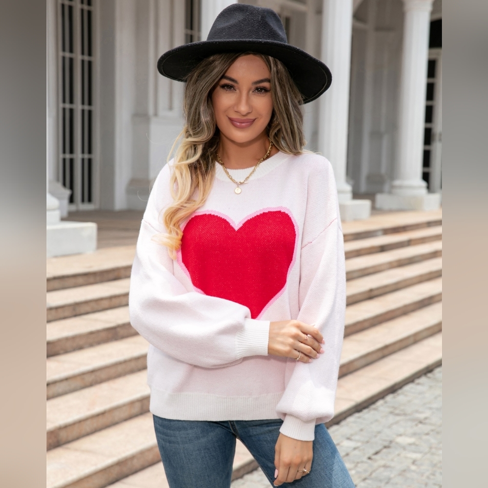 Knit Heart Contrasting Classic Round Neck Pullover Top Long Sleeve Sweater Shirt